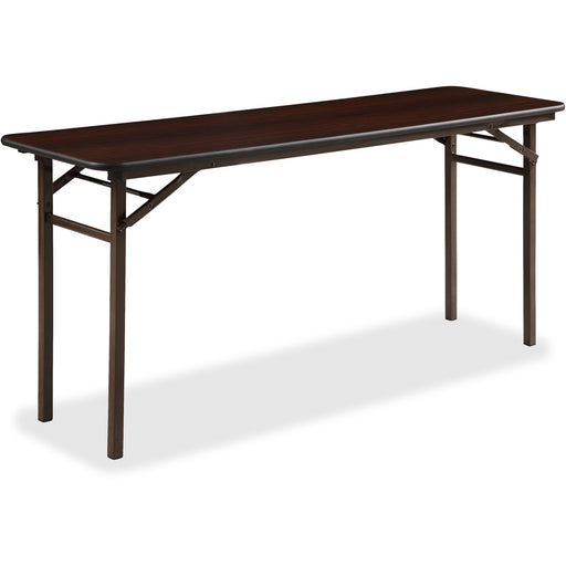 Lorell Economy Folding Banquet Table - Mahogany Rectangle Top - 60" Table Top Width x 18" Table Top Depth x 0.62" Table Top Thickness - 29" Height - Presentation, Food - Melamine Top Material - Steel Frame Material - 1 Each