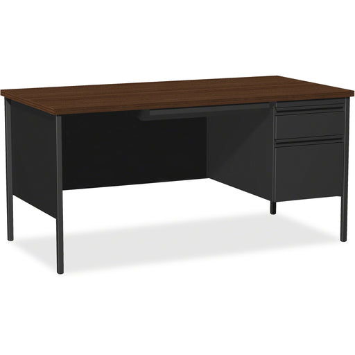 Lorell Fortress Series 66" Right-Pedestal Desk - Laminated Rectangle, Walnut Top - 30" Table Top Length x 66" Table Top Width x 1.13" Table Top Thickness - 29.50" Height x 66" Width x 30" Depth - Business Environment, Educational Environment, Office - Ass
