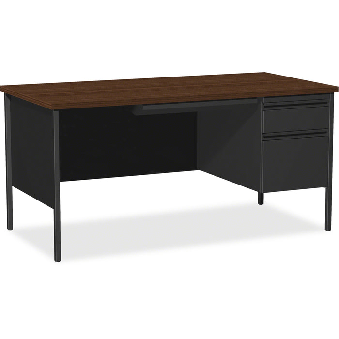 Lorell Fortress Series 66" Right-Pedestal Desk - Laminated Rectangle, Walnut Top - 30" Table Top Length x 66" Table Top Width x 1.13" Table Top Thickness - 29.50" Height x 66" Width x 30" Depth - Business Environment, Educational Environment, Office - Ass