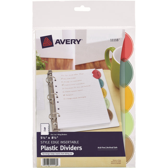 Avery® Insertable Style Edge Plastic Mini Dividers for 3 Ring Binders, 5.5" x 8.5" , 5-Tab Set, Multicolor, 1 Set (11118) - 5 x Divider(s) - 5 - 5 Tab(s)/Set - 5.5" Divider Width x 8.50" Divider Length - 7 Hole Punched - Translucent Plastic Divider - Mult