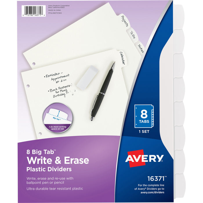 Avery® Big Tab Write & Erase Dividers - 8 x Divider(s) - Write-on Tab(s) - 8 - 8 Tab(s)/Set - 8.5" Divider Width x 11" Divider Length - 3 Hole Punched - White Plastic Divider - White Plastic Tab(s) - 1 Set