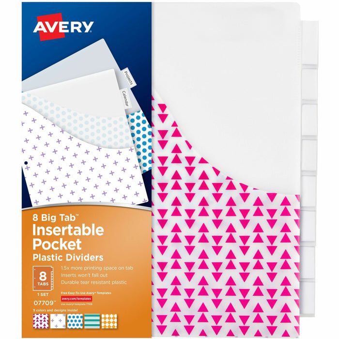 Avery® Big Tab Plastic Dividers with Pockets, 8-Tab - 8 x Divider(s) - 8 Tab(s) - 8 Tab(s)/Set - 9.3" Divider Width x 11.25" Divider Length - 3 Hole Punched - Multicolor Plastic Divider - Clear Plastic Tab(s) - PVC-free, Hole-punched, Insertable, Customiz