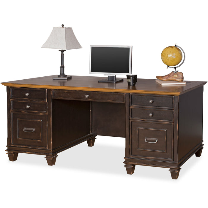 Martin Hartford Double Pedestal Desk - 31" Height x 69.5" Width x 30" Depth - Total Drawer(s): 7 - Double Pedestal - Material: Wood Veneer - Finish: Vintage Black - Grommet, Wire Management Channel, Lockable Drawer, Pull-out Keyboard Tray - For Keyboard,