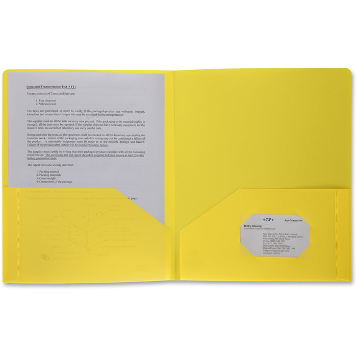 Business Source Letter Portfolio - 8 1/2" x 11" - 30 Sheets Capacity - 2 Pocket - Yellow - Durable, Spill Resistant, Wear Resistant, Card Holder - 1 Each