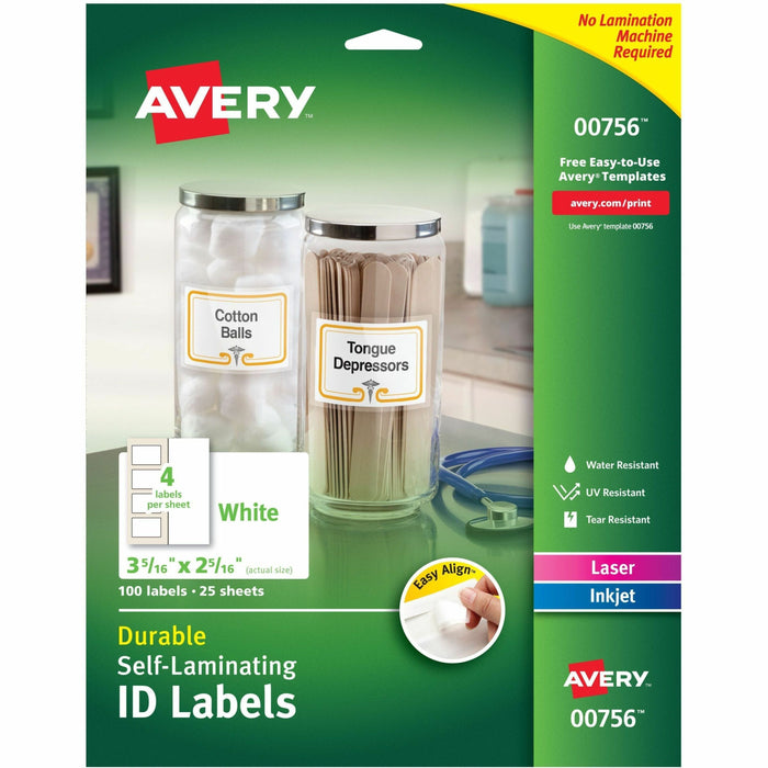 Avery® Easy Align ID Label - 2 5/16" Width x 3 5/16" Length - Permanent Adhesive - Rectangle - Inkjet, Laser - Matte - White - Film - 4 / Sheet - 25 Total Sheets - 100 Total Label(s) - 25 / Pack