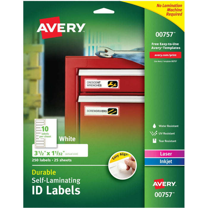 Avery® Easy Align ID Label - 1 1/32" Width x 3 1/2" Length - Permanent Adhesive - Rectangle - Inkjet, Laser - Matte - White - Film - 10 / Sheet - 25 Total Sheets - 250 Total Label(s) - 25 / Pack
