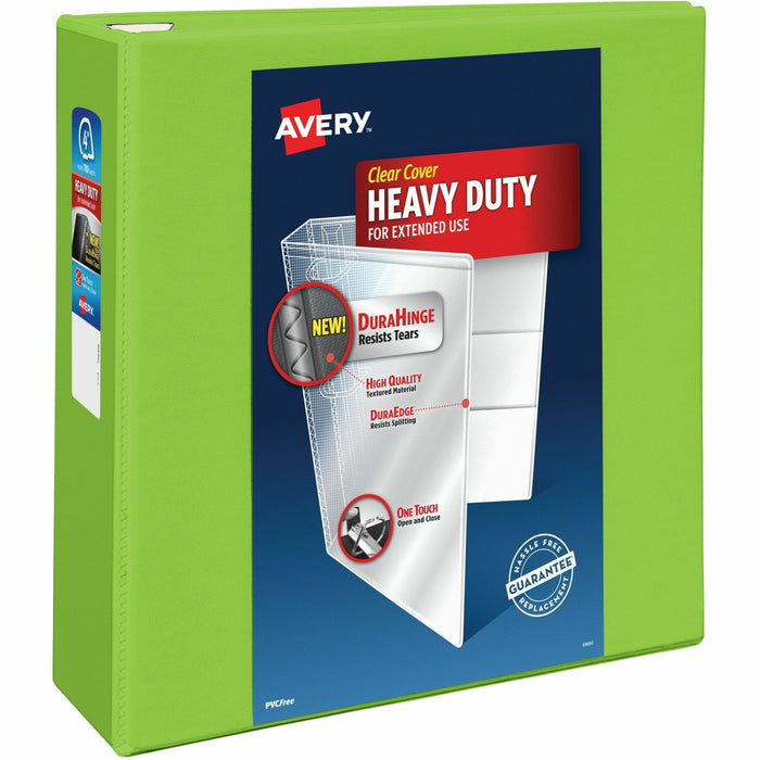 Avery® Heavy-Duty View Binders with One Touch EZD Rings - 4" Binder Capacity - Letter - 8 1/2" x 11" Sheet Size - 780 Sheet Capacity - 780 x 4" Ring - Fastener: Ring - Pocket: 4, Internal - Polypropylene - Chartreuse - Recycled - Adhesive, Clear Overlay,
