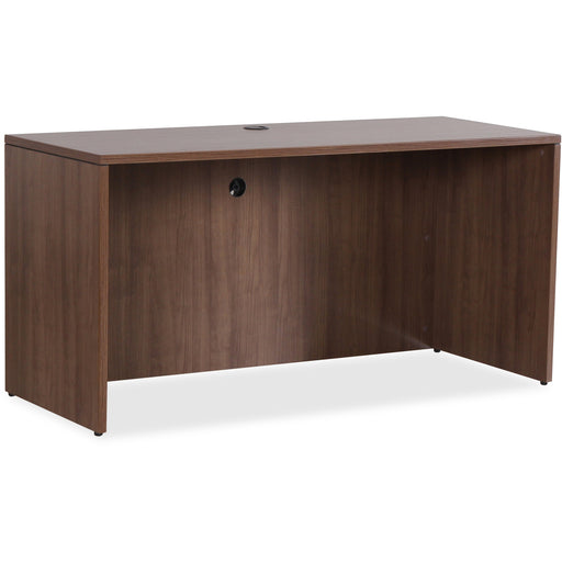 Lorell Essentials Series Credenza Shell - 29.5" Height x 59" Width x 23.6" Depth Credenza, 1" Thickness Top, 3.8" Thickness Drawer Pull - Finish: Walnut - Laminate Table Top - Durable, Grommet, Cord Management, Adjustable Feet - For Office - 1 Each