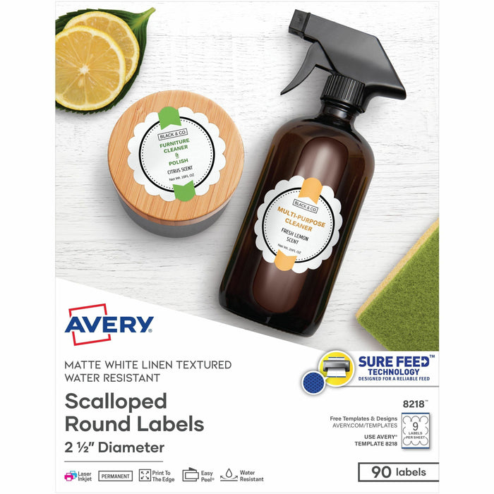 Avery® Multipurpose Label - 2 1/2" Diameter - Permanent Adhesive - Round Scallop - Laser, Inkjet - Matte White - Paper - 9 / Sheet - 10 Total Sheets - 90 Total Label(s) - 1 Pack