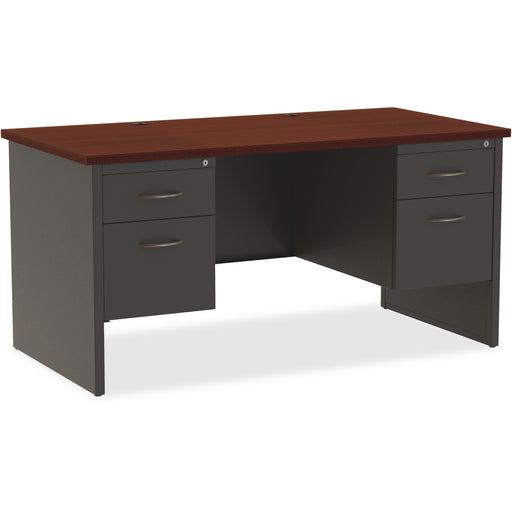 Lorell Fortress Modular Series Double-Pedestal Desk - 60" Width x 30" Depth, x 1.1" Thickness Top - Total Drawer(s): 2 - Double Pedestal - Material: Steel - Finish: Mahogany Laminate, Charcoal - Scratch Resistant, Stain Resistant, Ball-bearing Suspension,