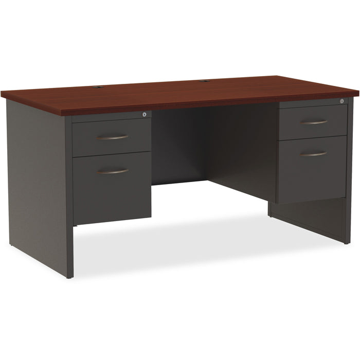 Lorell Fortress Modular Series Double-Pedestal Desk - 60" Width x 30" Depth, x 1.1" Thickness Top - Total Drawer(s): 2 - Double Pedestal - Material: Steel - Finish: Mahogany Laminate, Charcoal - Scratch Resistant, Stain Resistant, Ball-bearing Suspension,