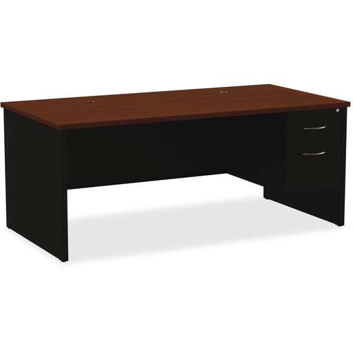 Lorell Fortress Modular Series Right-Pedestal Desk - 72" Width x 36" Depth, x 1.1" Thickness Top - Total Drawer(s): 2 - Single Pedestal on Right Side - Material: Steel - Finish: Walnut Laminate, Black - Scratch Resistant, Stain Resistant, Ball-bearing Sus