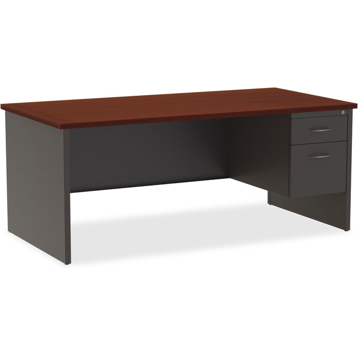 Lorell Fortress Modular Series Right-Pedestal Desk - 72" Width x 36" Depth, x 1.1" Thickness Top - Total Drawer(s): 2 - Single Pedestal on Right Side - Material: Steel - Finish: Mahogany Laminate, Charcoal - Scratch Resistant, Stain Resistant, Ball-bearin
