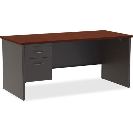 Lorell Fortress Modular Series Left-Pedestal Desk - 66" Width x 30" Depth, x 1.1" Thickness Top - Total Drawer(s): 2 - Single Pedestal on Left Side - Material: Steel - Finish: Mahogany Laminate, Charcoal - Scratch Resistant, Stain Resistant, Ball-bearing