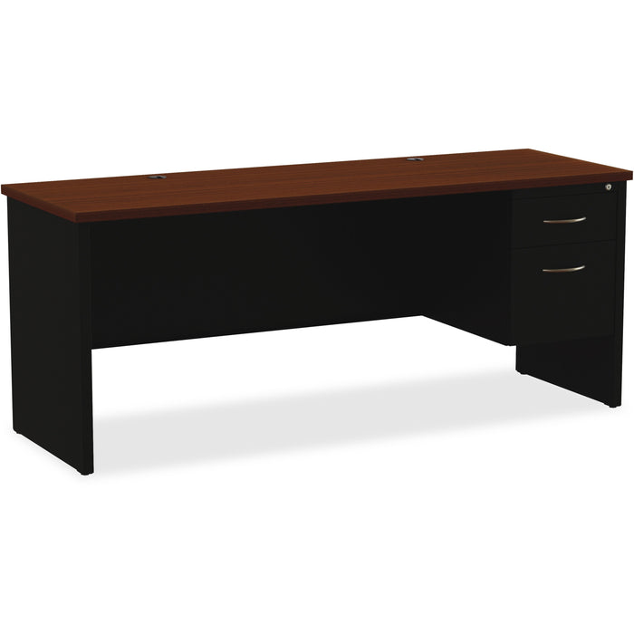 Lorell Fortress Modular Series Right-pedestal Credenza - 72" Width x 24" Depth, x 1.1" Thickness Top - Total Drawer(s): 2 - Single Pedestal on Right Side - Material: Steel - Finish: Walnut Laminate, Black - Scratch Resistant, Stain Resistant, Ball-bearing