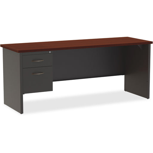 Lorell Fortress Modular Series Left-pedestal Credenza - 72" Width x 24" Depth, x 1.1" Thickness Top - Total Drawer(s): 2 - Single Pedestal on Left Side - Material: Steel - Finish: Mahogany Laminate, Charcoal - Scratch Resistant, Stain Resistant, Ball-bear