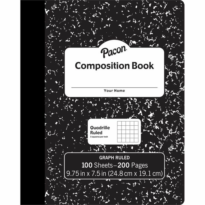 Pacon Composition Book - 100 Sheets - 200 Pages - Quad Ruled Front Ruling - 0.20" Ruled - 9.75" Height x 7.5" Width x 0.1" Length - White Paper - Black Marble Cover - Durable, Hard Cover - 6 / Pack