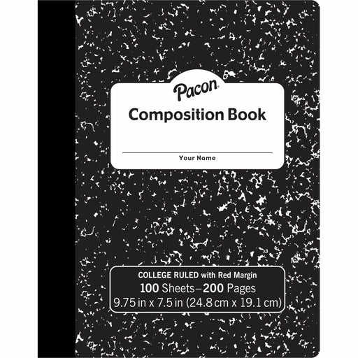 Pacon Composition Book - 100 Sheets - 200 Pages - College Ruled Front Ruling - 0.28" Ruled - 9.75" Height x 7.5" Width x 0.1" Length - White Paper - Black Marble Cover - Durable, Hard Cover - 1 Each