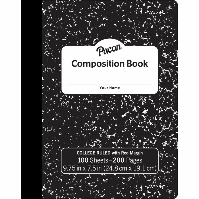 Pacon Composition Book - 100 Sheets - 200 Pages - College Ruled Front Ruling - 0.28" Ruled - 9.75" Height x 7.5" Width x 0.1" Length - White Paper - Black Marble Cover - Durable, Hard Cover - 1 Each