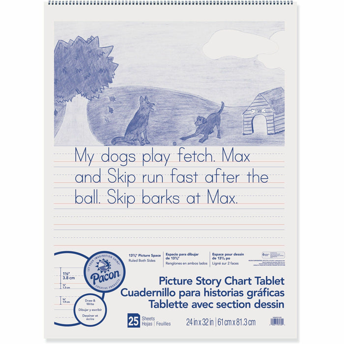 Pacon Ruled Picture Story Chart Tablet - 25 Sheets - Spiral Bound - Both Side Ruling Surface - Ruled Front Ruling - 1.50" Ruled - 13.63" Picture Story Space - 24" x 32" Sheet Size - White Paper - Punched - 1 Each