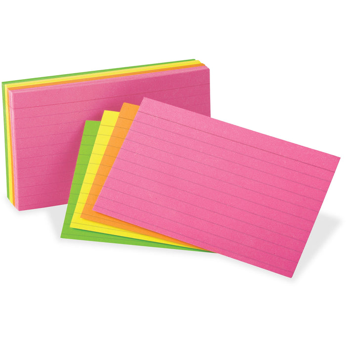 Oxford Neon Glow Ruled Index Cards - Front Ruling Surface - Ruled Front Ruling - 3" x 5" Sheet Size - Assorted Paper - Recycled - 1 Pack