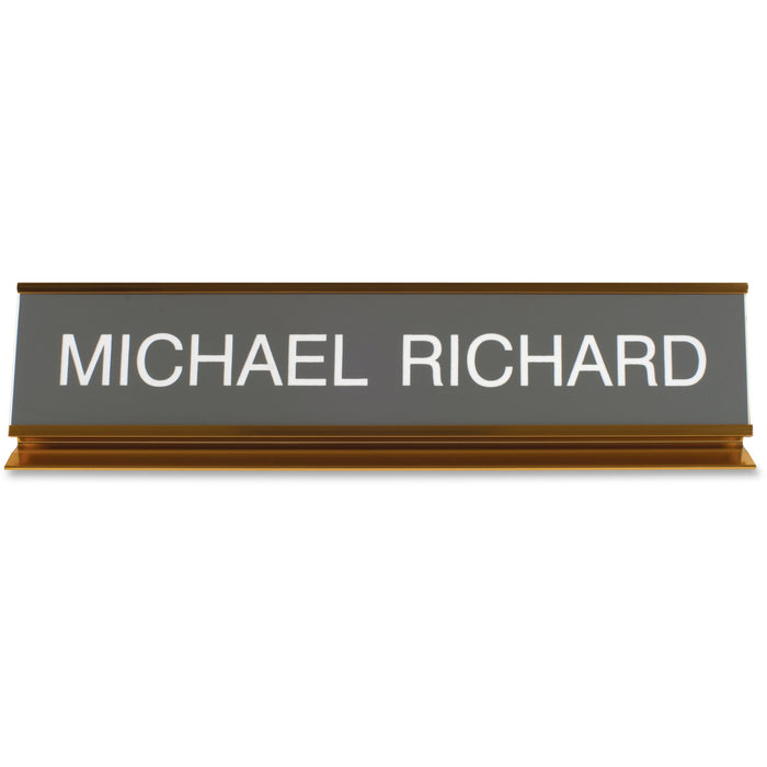 Xstamper Pedestal Aluminum Desk Sign - 10" Holding Width x 2" Holding Height - Rectangular Shape - Long Lasting, Durable - Aluminum, Plastic - Gold - 1 Each