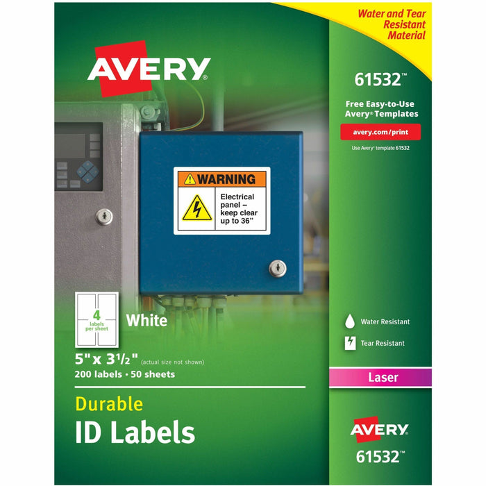 Avery® TrueBlock ID Label - 5" Width x 3 1/2" Length - Permanent Adhesive - Rectangle - Laser - Matte White - Matte - Film - Water Resistant - 4 / Sheet - 4 Total Sheets - 200 Total Label(s) - 1 Box