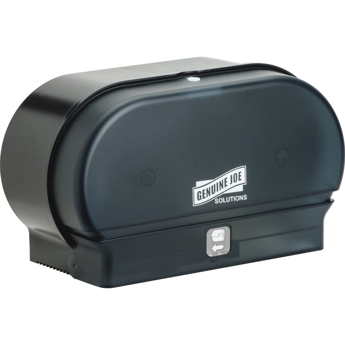 Genuine Joe Solutions Standard Bath Tissue Roll Dispenser - Manual - 2000 x Sheet, 2 x Roll - 7.3" Height x 11.9" Width x 5.5" Depth - Black - Sliding Door - 1 Each