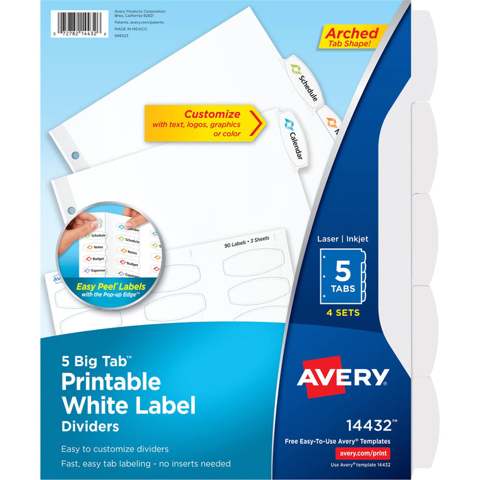 Avery® Big Tab Printable Label Dividers, Easy Peel Labels, 5 Tabs - 20 x Divider(s) - 5 - 5 Tab(s)/Set - 8.5" Divider Width x 11" Divider Length - 3 Hole Punched - White Paper Divider - White Paper Tab(s) - 20% Recycled - 1 Pack