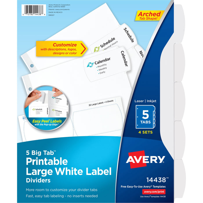 Avery® Big Tab Printable Large White Label Dividers - 20 x Divider(s) - 5 - 5 Tab(s)/Set - 8.5" Divider Width x 11" Divider Length - 3 Hole Punched - White Paper Divider - White Paper Tab(s) - 20% Recycled - 4 / Pack