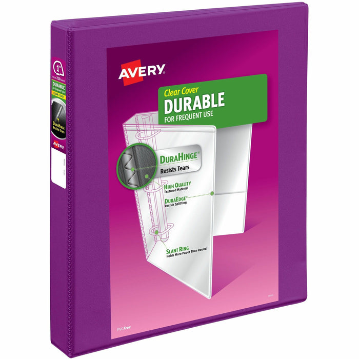 Avery® Durable View Binders with Slant Rings - 1" Binder Capacity - Letter - 8 1/2" x 11" Sheet Size - 250 Sheet Capacity - 1 2/5" Spine Width - 250 x 1" Ring - Fastener: Slant Ring - Pocket: 2, Internal - Polypropylene - Purple - Adhesive, Archival-safe,