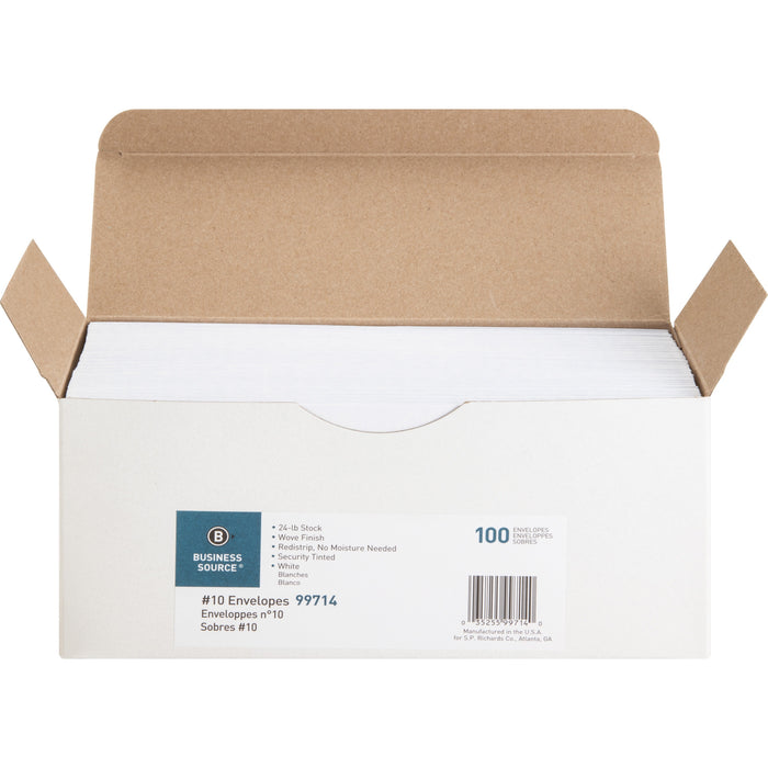 Business Source No. 10 Peel-to-seal Security Envelopes - Business - #10 - 4 1/8" Width x 9 1/2" Length - 24 lb - Peel & Seal - White - Wove - 100 / Box