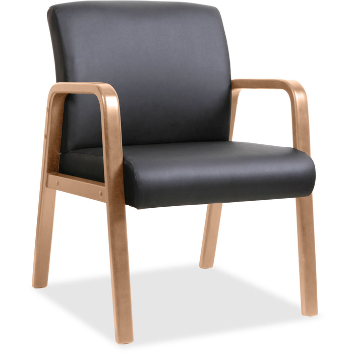 Lorell Upholstered Guest Chair - Black Seat Color - Bonded Leather Seat Material - Black Back Color - Bonded Leather Back Material - Walnut Frame Color - Solid Wood Frame Material - Four-legged Base - Armrest - 1 Each