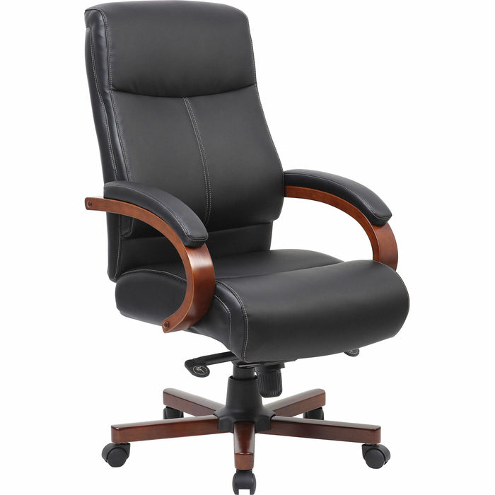 Lorell Executive High-Back Wood Finish Office Chair - Black Seat Color - Leather Seat Material - Black Back Color - Leather Back Material - High Back - 1 Each