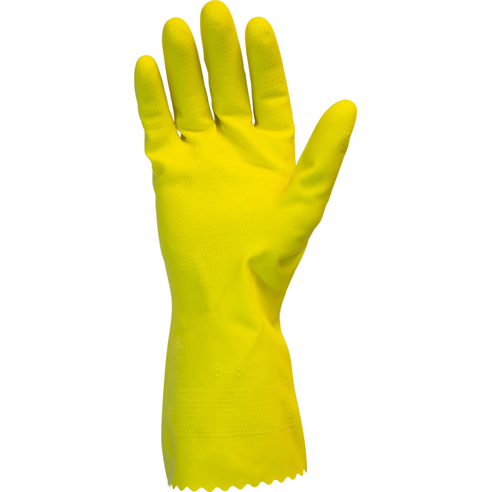 Safety Zone Yellow Flock Lined Latex Gloves - 18 mil Thickness x 12" Glove Length - Chemical Protection - Large Size - Yellow - Fish Scale Grip, Flock-lined - For Dishwashing, Cleaning, Meat Processing - 12 / Dozen