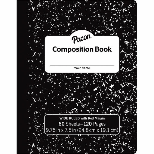 Pacon Composition Book - 60 Sheets - Wide Ruled Front Ruling - 0.37" Ruled - 7 1/2" x 9 3/4" Sheet Size - Black Marble Cover - 72 / Carton