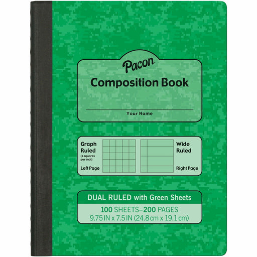 Pacon Dual Ruled Composition Book - Plain - Quad Ruled, Wide Ruled Front Ruling - 9.75" Height x 7.5" Width x 0.5" Length - Green Cover - 24 / Carton