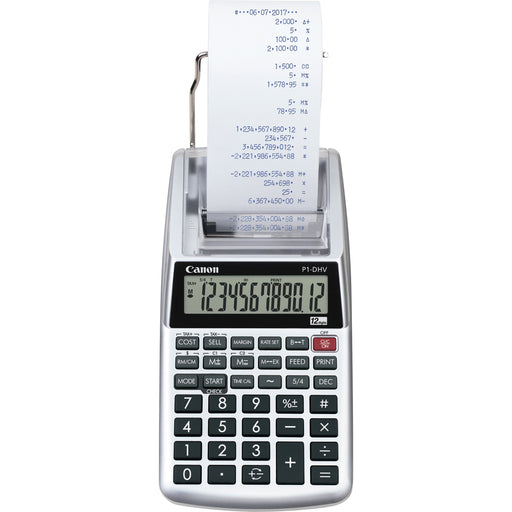 Canon P1DHV3 Compact Printing Calculator - Sign Change, Built-in Memory, Item Count, Clock, Calendar - 12 Digits - 1.6" Height x 3.9" Width x 7.7" Length - Sliver - 1 Each
