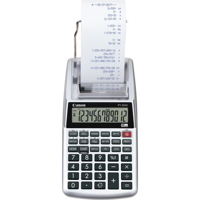 Canon P1DHV3 Compact Printing Calculator - Sign Change, Built-in Memory, Item Count, Clock, Calendar - 12 Digits - 1.6" Height x 3.9" Width x 7.7" Length - Sliver - 1 Each