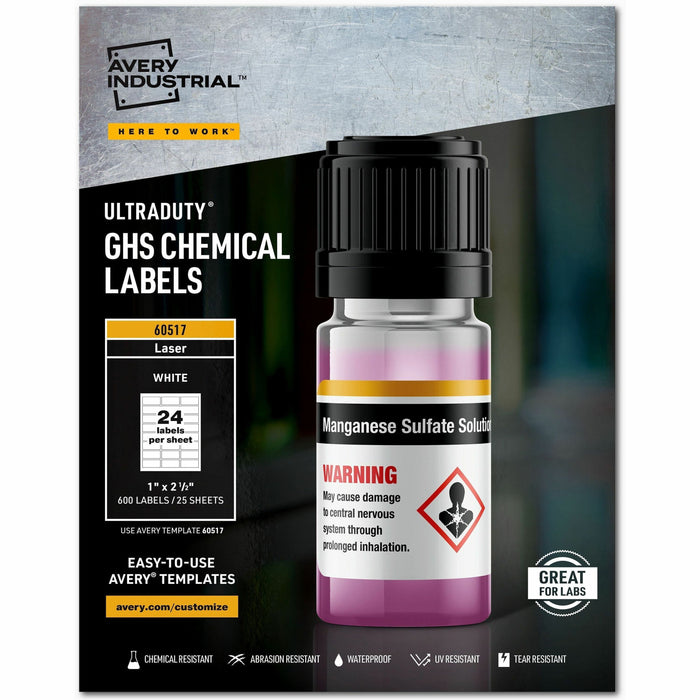 Avery® UltraDuty Chemical Label - Waterproof - 1" Width x 2 1/2" Length - Permanent Adhesive - Rectangle - Laser - White - Film - 24 / Sheet - 25 Total Sheets - 600 Total Label(s) - 1 Box