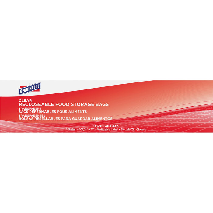 Genuine Joe Food Storage Bags - 1 gal Capacity - 11" Length x 10.56" Width x 1.75 mil (44 Micron) Thickness - Zipper Closure - Clear - Food, Beef, Poultry, Vegetables, Seafood - 40 / Box
