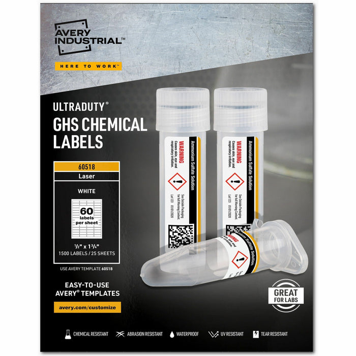 Avery® UltraDuty Chemical Label - Waterproof - 1/2" Width x 1 3/4" Length - Permanent Adhesive - Rectangle - Laser - White - Film - 60 / Sheet - 25 Total Sheets - 1500 Total Label(s) - 1 Pack