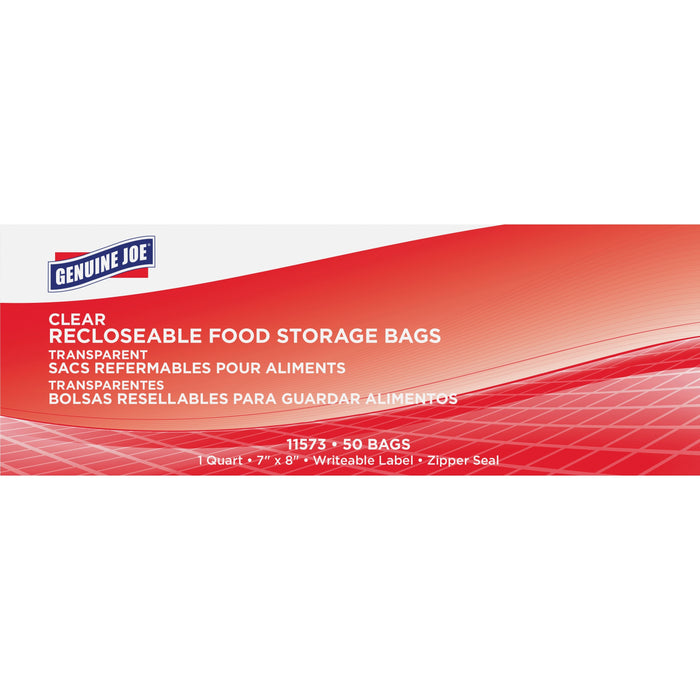 Genuine Joe Food Storage Bags - 1 quart Capacity - 8" Length x 7" Width x 1.75 mil (44 Micron) Thickness - Clear - Food, Beef, Seafood, Poultry, Vegetables - 1 Box