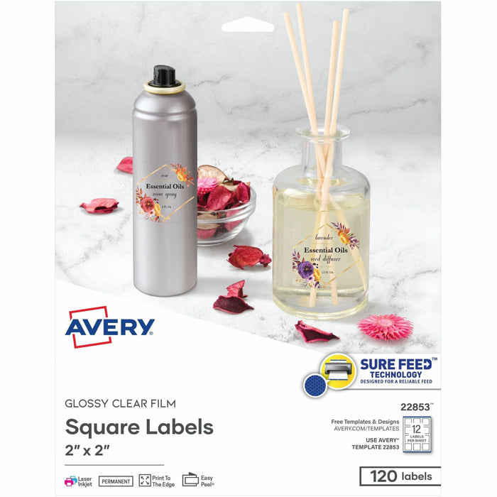 Avery® Sure Feed Glossy Labels - Waterproof - 2" Width x 2" Length - Permanent Adhesive - Square - Inkjet, Laser - Glossy Crystal Clear - Crystal Clear - Film - 12 / Sheet - 12 Total Sheets - 120 Total Label(s) - 1 Pack