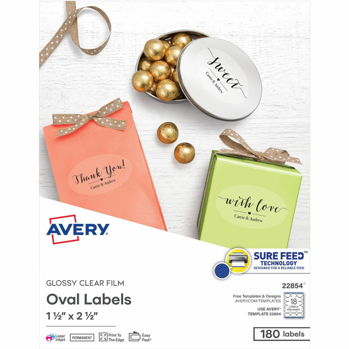 Avery® Sure Feed Glossy Labels - 1 1/2" Width x 2 1/2" Length - Permanent Adhesive - Oval - Laser, Inkjet - Crystal Clear - Film - 18 / Sheet - 10 Total Sheets - 180 Total Label(s) - 1 Pack