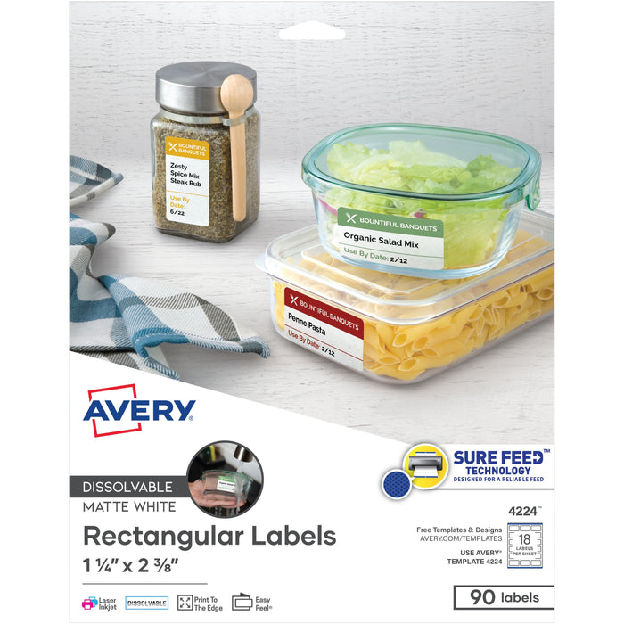 Avery® Dissolvable Rectangle Labels - 1 1/4" Width x 2 3/8" Length - Rectangle - Laser, Inkjet - White - Paper - 18 / Sheet - 5 Total Sheets - 90 Total Label(s) - 1 Pack