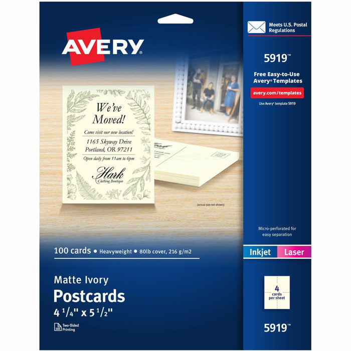 Avery® Postcards, Ivory, Two-Sided, 4-1/4" x 5-1/2" , 100 Cards (5919) - 79 Brightness - 4 1/4" x 5 1/2" - 80 lb Basis Weight - 216 g/m² Grammage - Matte - Rounded Corner, Sturdy, Double-sided, Printable, Uncoated, Perforated - Ivory - 1 Box
