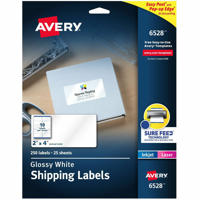 Avery® Shipping Labels, Glossy White, 2" x 4" , 250 Total (6528) - x 2" Width x 4" Length - Permanent Adhesive - Rectangle - Inkjet, Laser - Glossy - White - Paper - 10 / Sheet - 25 Total Sheets - 250 Total Label(s) - For Label Printer - 250 / Pack