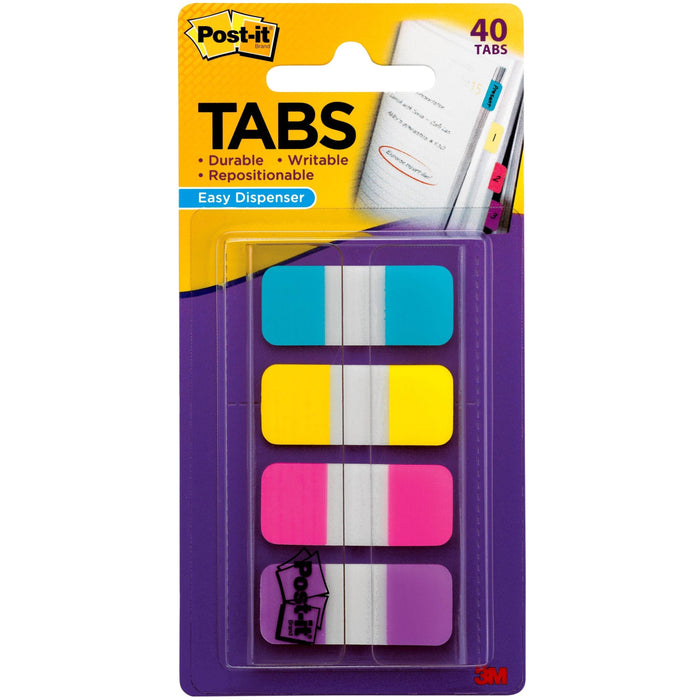 Post-it® Easy Dispenser Tabs - 40 Tab(s) - 0.63" Tab Width - Removable - Pink, Purple, Yellow, Blue Tab(s) - Durable, Repositionable, Writable - 1 Pack