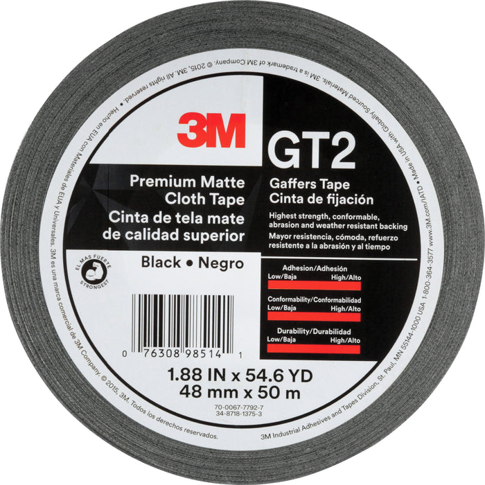 3M Gaffers Cloth Tape - 54.60 yd Length x 1.90" Width x 11 mil Thickness - Black - Vinyl - 1 Roll